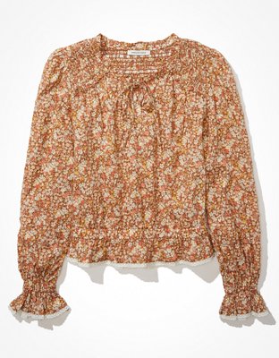 AE Long-Sleeve Smocked Blouse