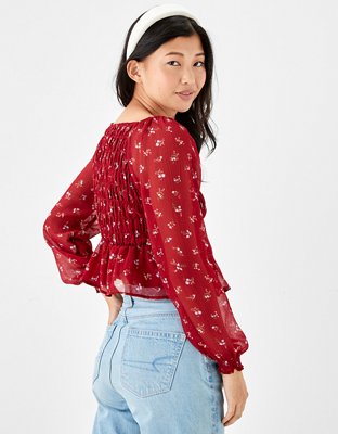 AE Smocked Long-Sleeve Blouse