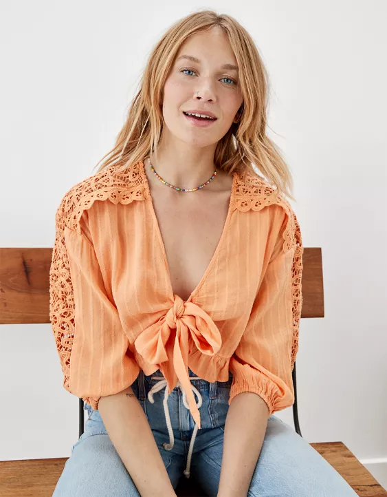 AE V-Neck Lace Tie-Front Blouse