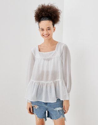 AE Oversized Square Neck Long-Sleeve Peasant Blouse