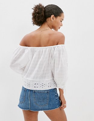 AE Blusa con cuello ancho y mangas abombadas