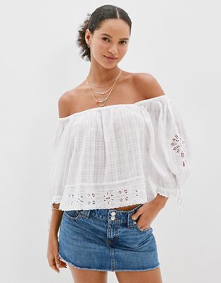 AE Blusa con cuello ancho y mangas abombadas