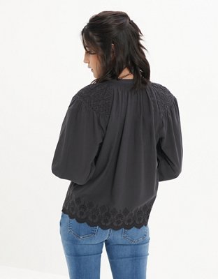 AE Long-Sleeve Button-Up Blouse