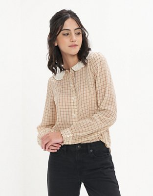 AE Long-Sleeve Ruffle Collar Button-Up Shirt