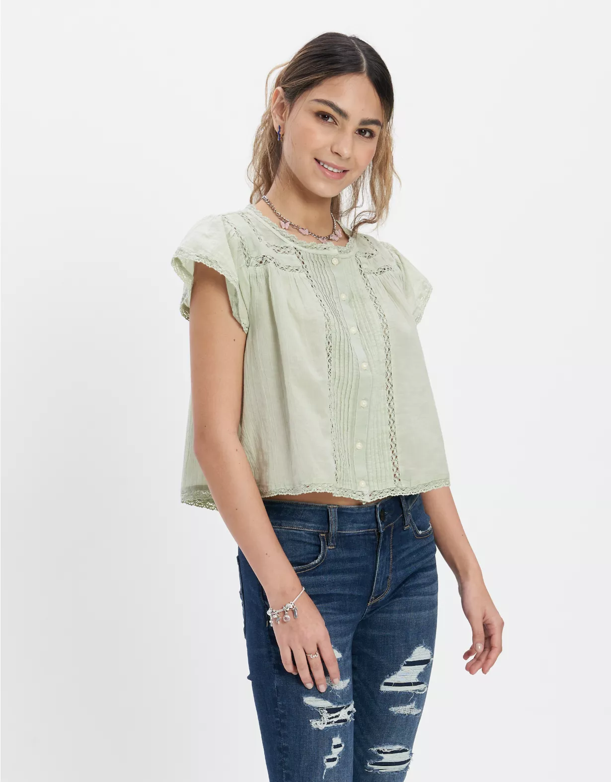 AE Cropped Short-Sleeve Bubble Blouse