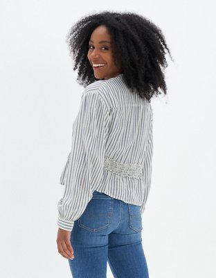 AE Long-Sleeve Button-Up Tunic Blouse