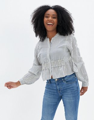 AE Long-Sleeve Button-Up Tunic Blouse