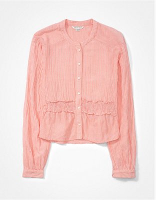 AE Long-Sleeve Button-Up Tunic Blouse