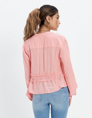 AE Long-Sleeve Button-Up Tunic Blouse