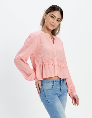 AE Long-Sleeve Button-Up Tunic Blouse