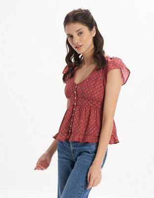 AE V-Neck Button-Up Blouse
