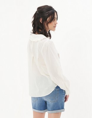 AE Long-Sleeve Ruffle Collar Button-Up Shirt