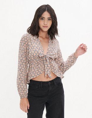 AE Long-Sleeve Tie-Front Blouse