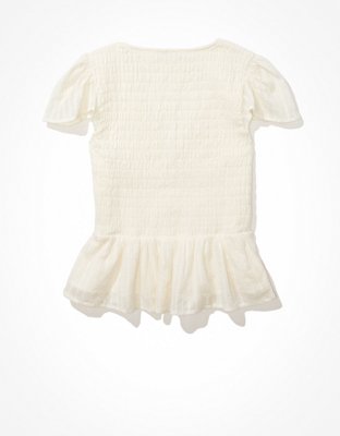 AE Blusa babydoll con escote V y bordado con nido de abeja
