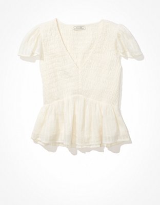 AE Blusa babydoll con escote V y bordado con nido de abeja