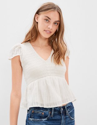 AE Blusa babydoll con escote V y bordado con nido de abeja