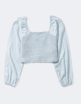 AE Smocked Long-Sleeve Denim Blouse