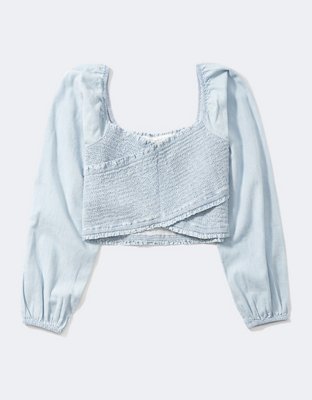 AE Smocked Long-Sleeve Denim Blouse