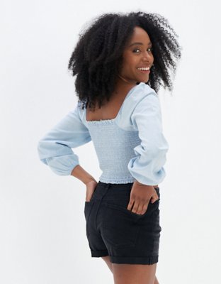 AE Smocked Long-Sleeve Denim Blouse