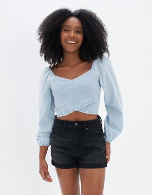 AE Smocked Long-Sleeve Denim Blouse