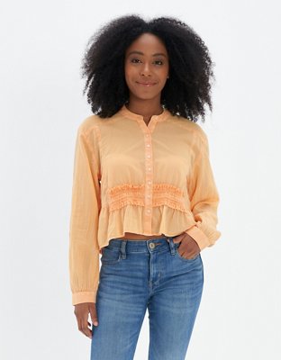 AE Long-Sleeve Button-Up Tunic Blouse