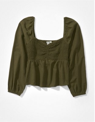AE Long-Sleeve Smocked Blouse