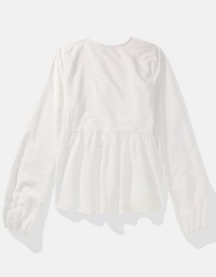 新品タグ付き liten Tie Sleeve Blouse ホワイト AE Tie-Front Long-Sleeve Peasant Top | American Eagle