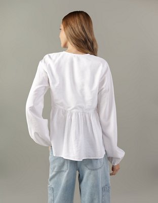 AE Tie-Front Long-Sleeve Peasant Top