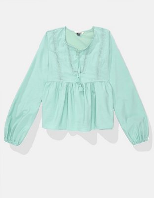 AE Tie-Front Long-Sleeve Peasant Top