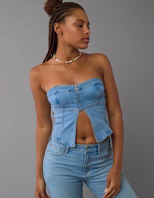 AE Denim Zip-Front Tube Top | American Eagle