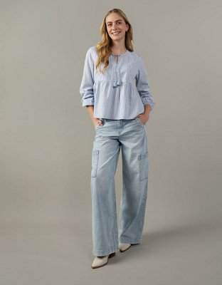 AE Tie-Front Long-Sleeve Peasant Top
