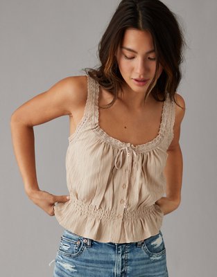 AEO American Eagle Lace Crop Top Tiered Layered Cami Black S Small Women.