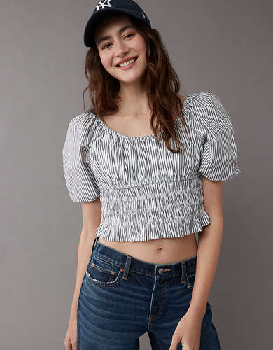 AE Ruched Puff-Sleeve Top