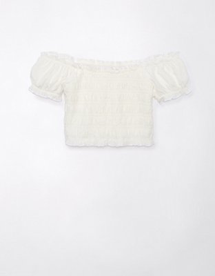 AE Off-The-Shoulder Cropped Smocked Top