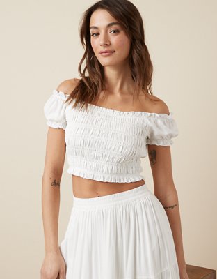 AE Off-The-Shoulder Cropped Smocked Top