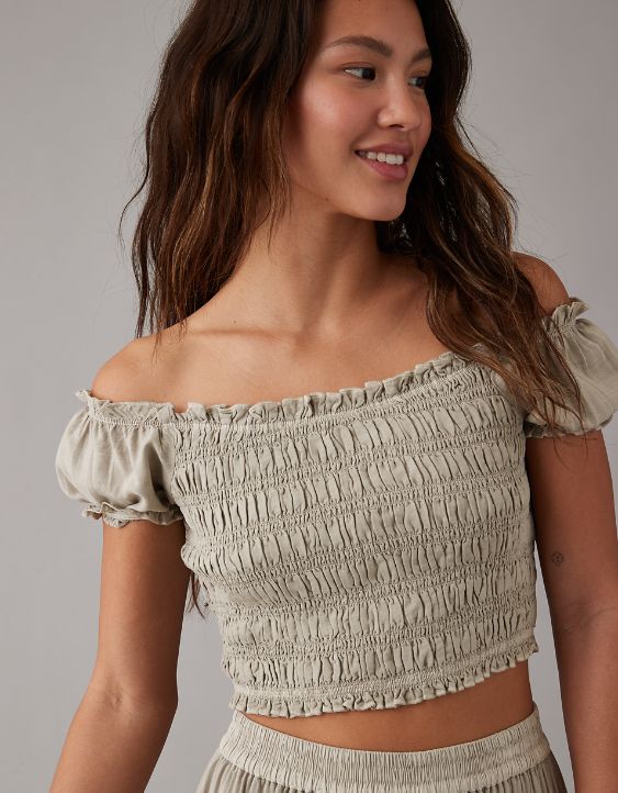 AE Off-The-Shoulder Cropped Smocked Top