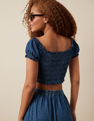 AE Off-The-Shoulder Cropped Smocked Top