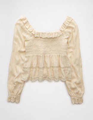 AE Long-Sleeve Smocked Eyelet Shirt