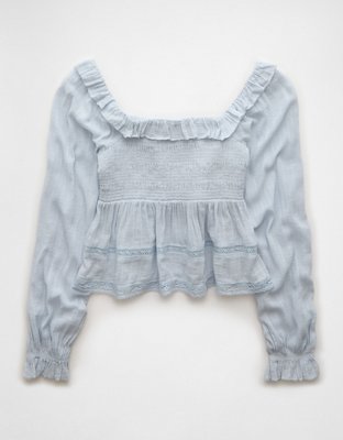 AE Long-Sleeve Smocked Eyelet Shirt