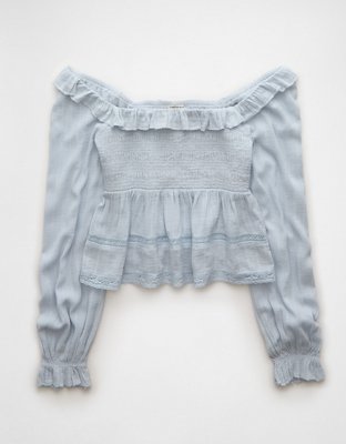 AE Long-Sleeve Smocked Eyelet Shirt