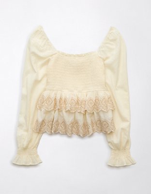 AE Long-Sleeve Smocked Tiered Top | American Eagle