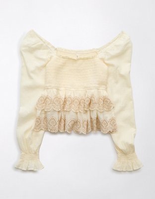 AE Long-Sleeve Smocked Tiered Top