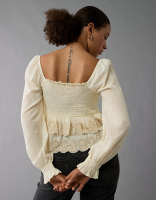 AE Long-Sleeve Smocked Tiered Top | American Eagle