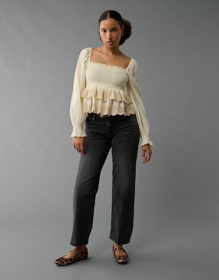 AE Long-Sleeve Smocked Tiered Top | American Eagle