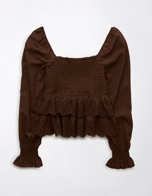 AE Long-Sleeve Smocked Tiered Top