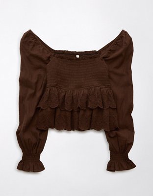 Женские топы American Eagle AE Long-Sleeve Smocked Tiered Top — фото 3