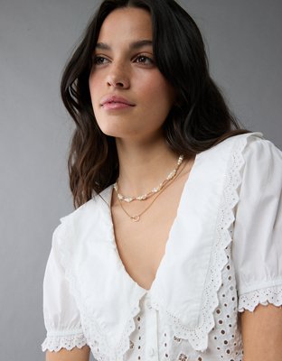 AE Short-Sleeve Ruffle Collar Eyelet Crop Top