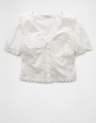 AE Short-Sleeve Ruffle Collar Eyelet Crop Top