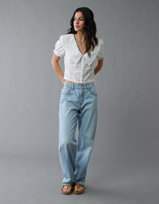 AE Short-Sleeve Ruffle Collar Eyelet Crop Top