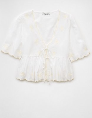 AE Embroidered Tie Front V-Neck Blouse
